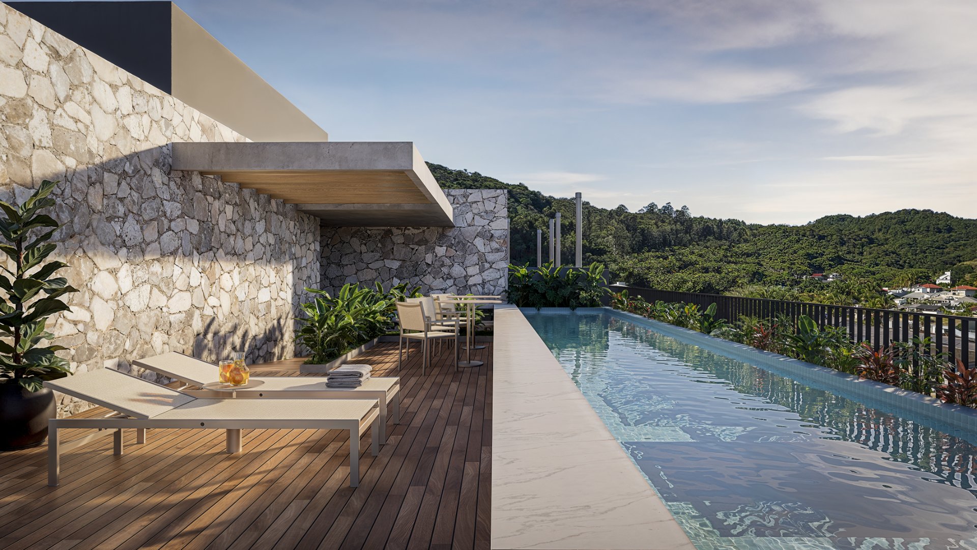 Rooftop com piscina e áreas comuns